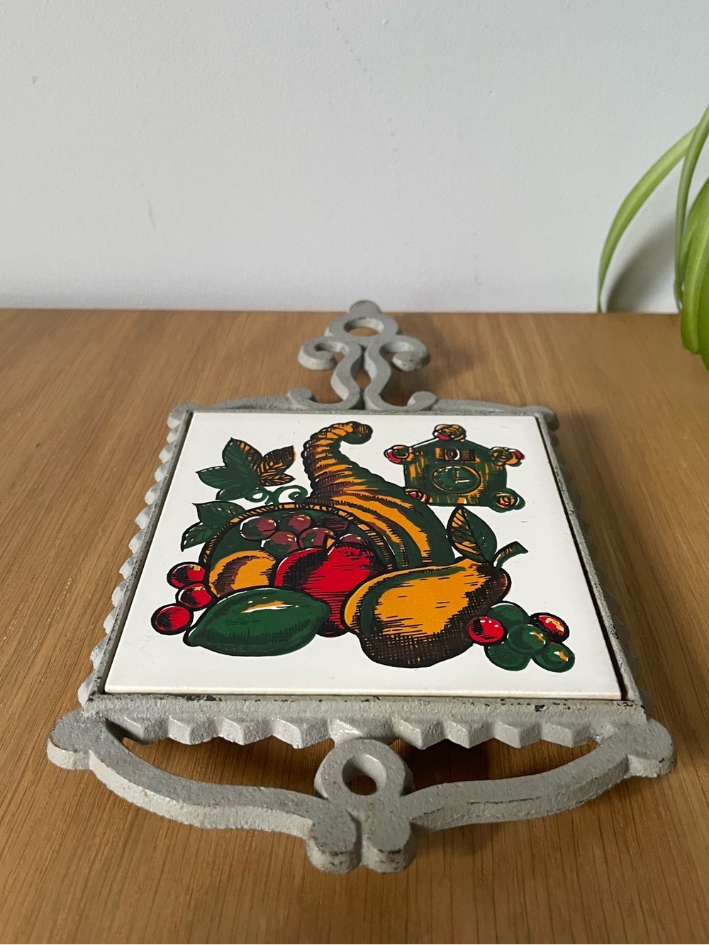 Vintage MCM Cornucopia Tile Footed Trivet with Cast Iron Frame Japan 60s